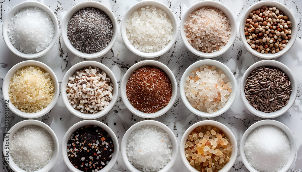 Set of different salt bath on table background Set of different salt bath on table background