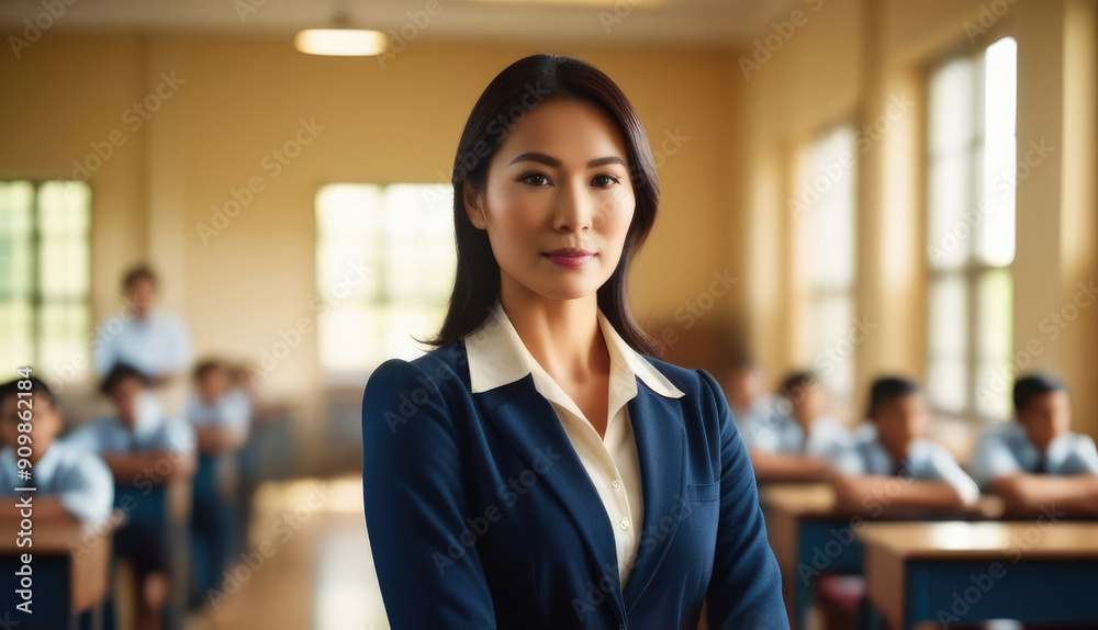 experienced Asian woman teacher standing in classroom with out-of-focus background. Teaching concept