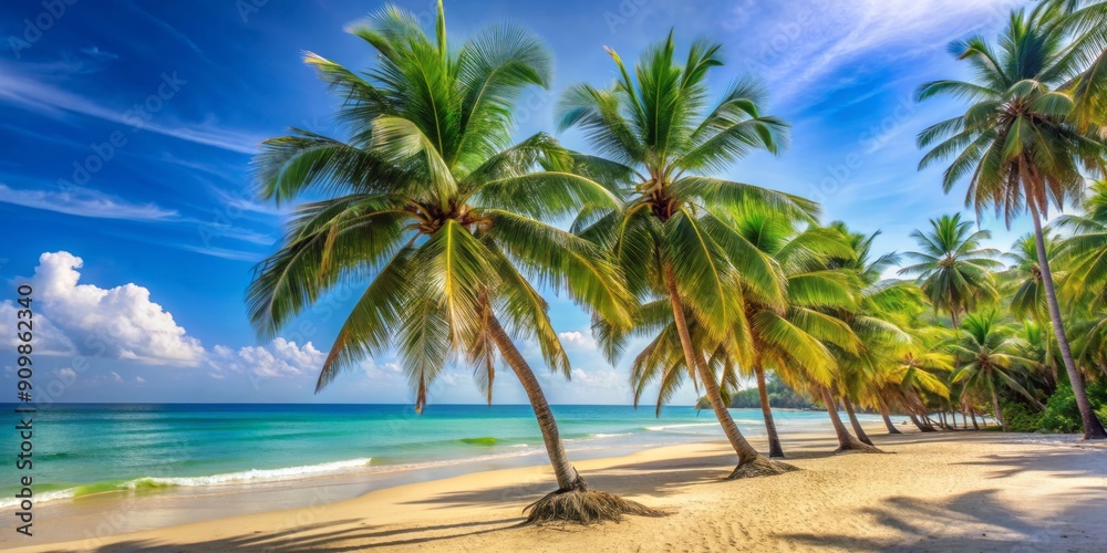 Obraz premium Warm sandy beach with swaying palm trees and clear blue sky, perfect for a family vacation, conveying a sense of joy and relaxation.
