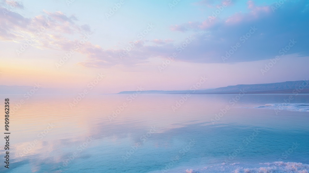 Obraz premium The tranquil waters of the Dead Sea, reflecting the pastel hues of the early morning sky, surrounded by salt formations.