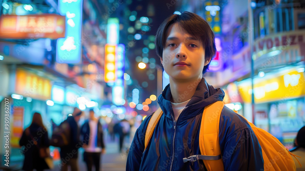 Young man standing on a vibrant and illuminated city street at night, surrounded by neon lights and bustling urban life. Young man standing on a vibrant and illuminated city street at night, surrounded by neon lights and bustling urban life.