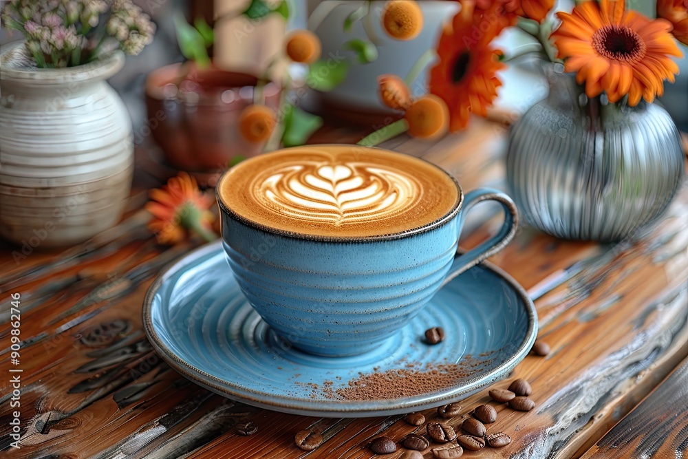 Cup of cappuccino with latte art on wooden background