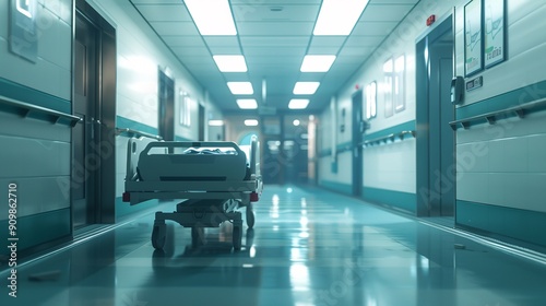 Male Nurse Pushing Stretcher Gurney Bed in Hospital Corridor photo