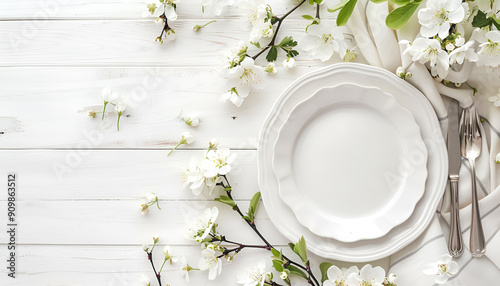 spring table setting with white flowers, copy space