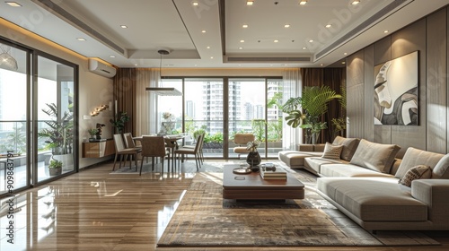 Modern Living Room Overlooking City Skyline With Elegant Furniture and Lush Greenery During Bright Daylight