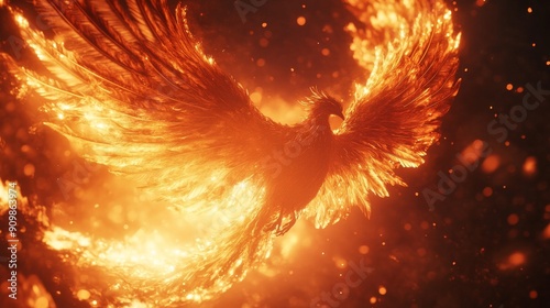 Phoenix Rising From the Ashes: A majestic fiery bird symbolizing rebirth and renewal soars through a shower of sparks. 