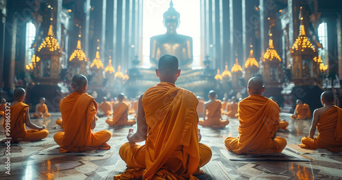 Thai monks meditating in the chapel of a Thai temple. Generative AI.