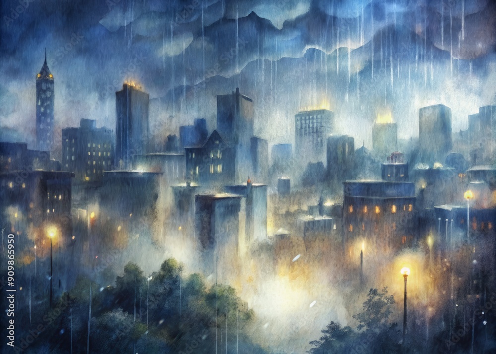 Obraz premium Moody urban landscape at night with heavy rain pouring down, blurring city lights and buildings into a soft, dreamy, and misty atmospheric background scene.