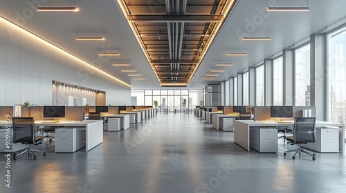 Modern Office Interior Design With Open Workspaces and Abundant Natural Light in a Skyscraper
