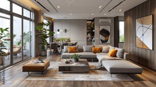Modern Living Room Showcase With Cozy Furniture and Stylish Decor in Bright Apartment
