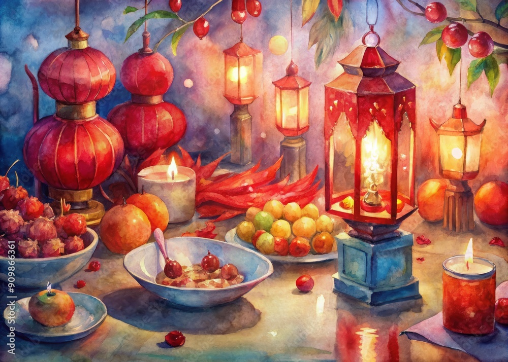 Vibrant red lanterns, golden decorations, and traditional snacks adorn a festive table setting, signaling the joyous start of Lunar New Year celebrations in a Chinese home. Vibrant red lanterns, golden decorations, and traditional snacks adorn a festive table setting, signaling the joyous start of Lunar New Year celebrations in a Chinese home.