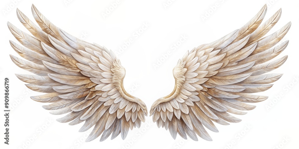 Obraz premium Delicate, intricately detailed, and majestic solitary angel wing isolated on a pristine white background, radiating serenity and spirituality, perfect for symbolic and creative projects.