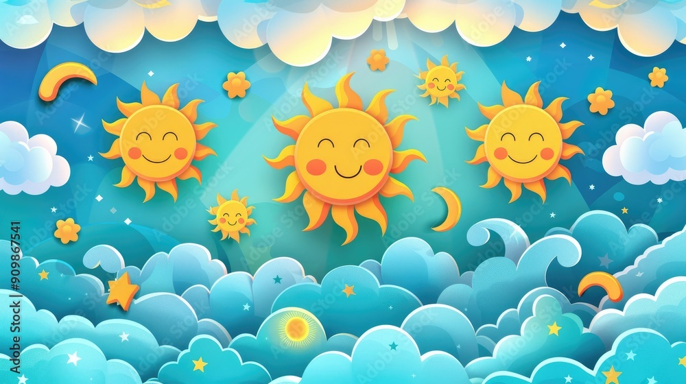 Cheerful background with cartoon suns and clouds, ideal for weather and climate education. Cheerful background with cartoon suns and clouds, ideal for weather and climate education.