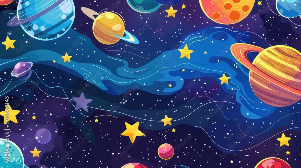 Fun background featuring cartoon planets and stars, suitable for educational space posters. Fun background featuring cartoon planets and stars, suitable for educational space posters.