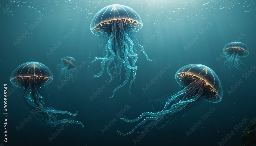 Medusa or Jellyfish in Deep Aquatic Dive Medusa or Jellyfish in Deep Aquatic Dive