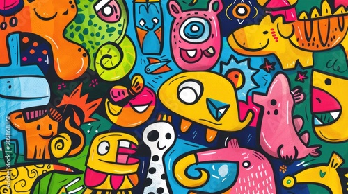 Fun, colorful background with crayon-style doodles of animals and shapes, perfect for children's educational material.