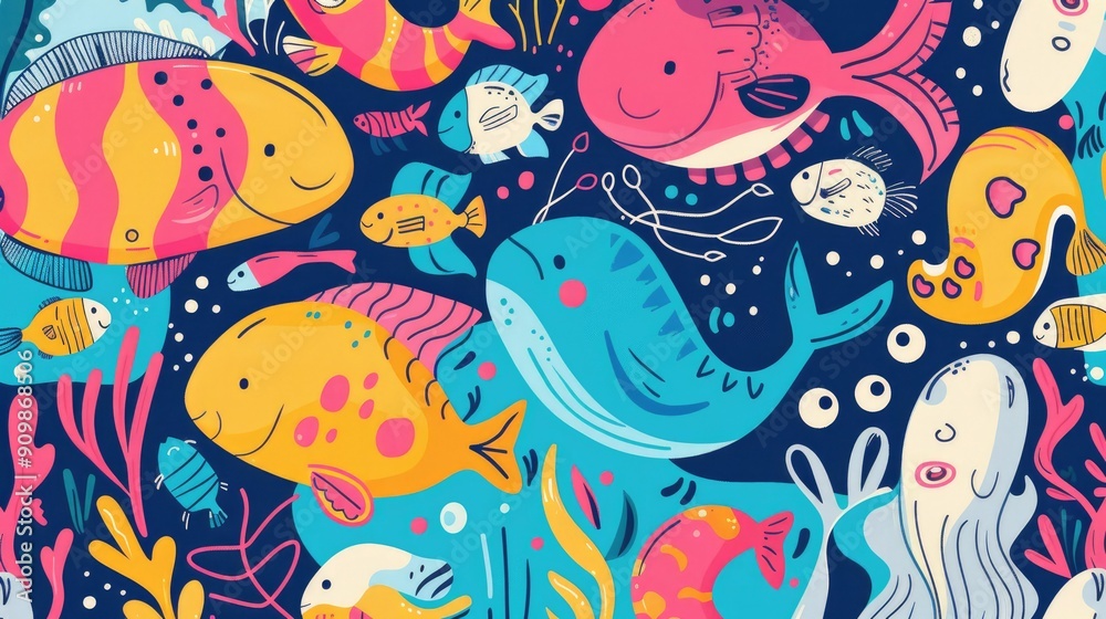 Obraz premium Playful abstract background with cartoon fish and sea creatures, ideal for marine biology lessons.