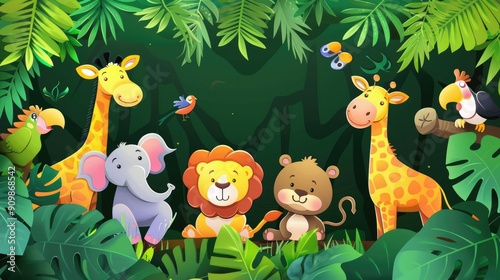 Playful background featuring cartoon jungle animals, ideal for wildlife and conservation education.