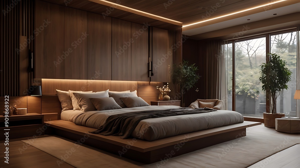 Fototapeta premium Interior of a modern bedroom with wooden walls, comfortable master bed with gray linens and pillows. 3d rendering
