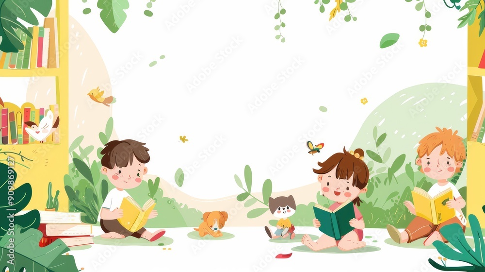 Whimsical background featuring cartoon characters reading, promoting literacy and learning. Whimsical background featuring cartoon characters reading, promoting literacy and learning.