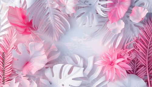 White and Pink Geometric Floral Design with Leaves