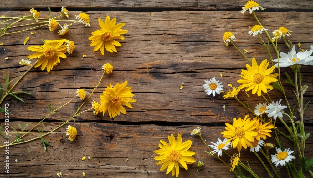 Obraz premium Bright Yellow Flowers on Rustic Wooden Surface