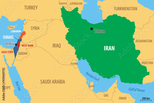 Vector map of Israel and Iran, including the areas of the West Bank and the Gaza strip and the neighboring countries

