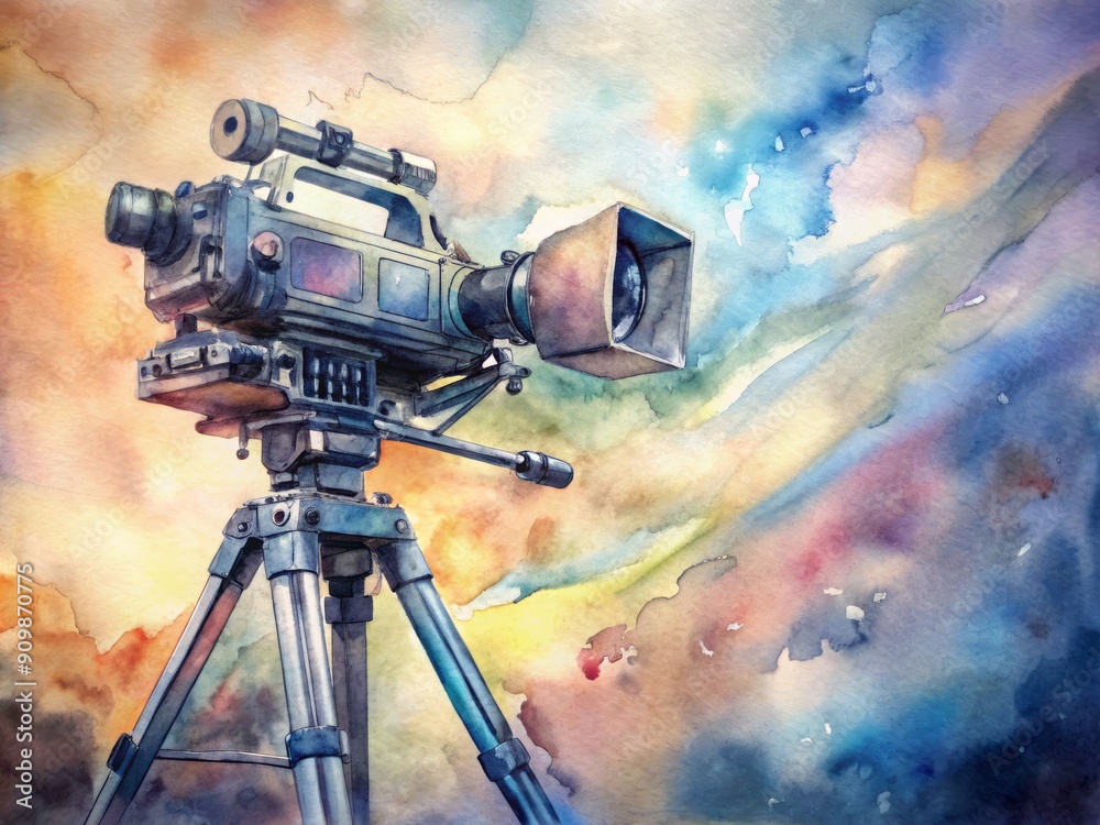 Fototapeta premium Professional HD television camera on tripod records live event from elevated position, capturing high-quality footage with clear lens and modern broadcast equipment.