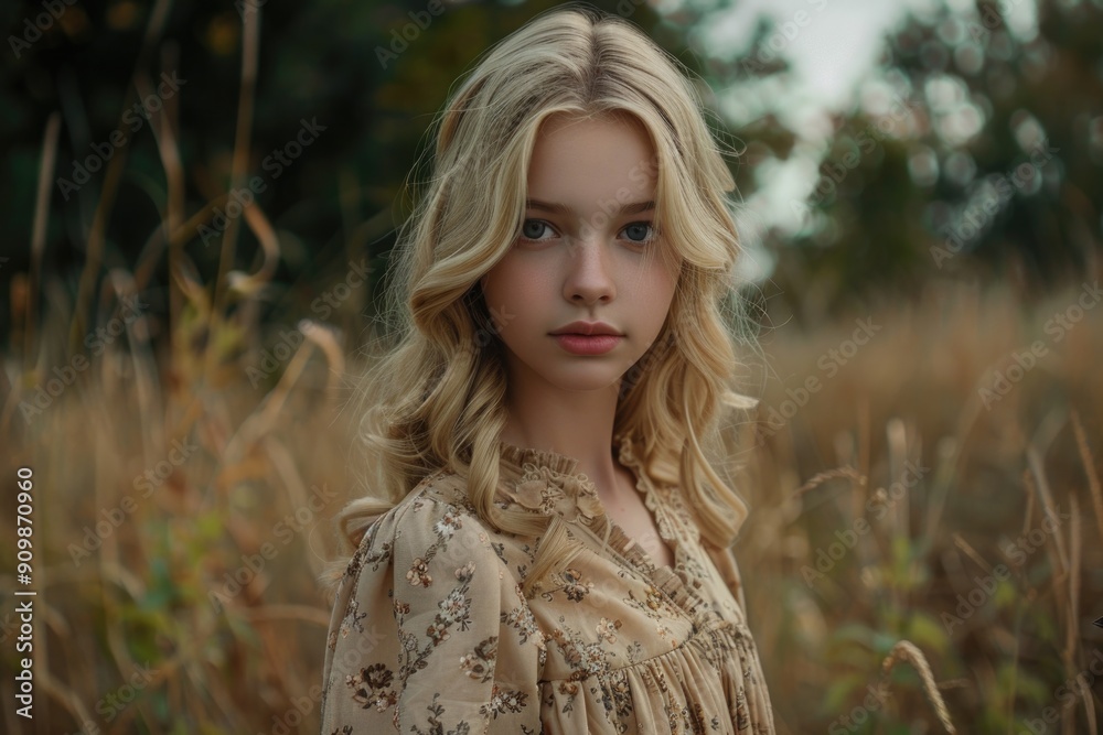 A young blonde woman stands in a field of tall grass, a serene and peaceful scene A young blonde woman stands in a field of tall grass, a serene and peaceful scene