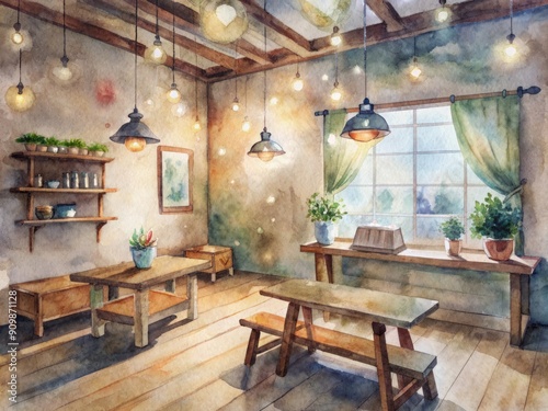 Cozy coffee shop atmosphere with rustic wooden tables, vintage decorations, and a prominent loyalty rewards board displaying customer's accumulated stamps. photo