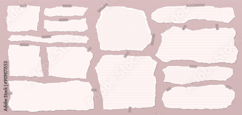 Set of torn light note paper pieces, strips are on pink background for text, notes or ad.