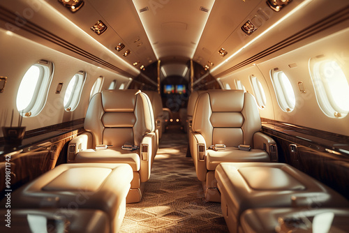 Business jet interior  private airplane cabin  modern air transport for wealth.