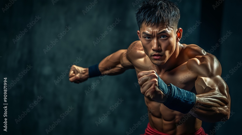 Asian Fighter in Motion. Determination and strength of an athlete ready for action. Asian Fighter in Motion. Determination and strength of an athlete ready for action.