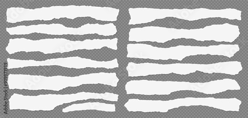 Pieces of horizontal white paper with torn, ripped edges and soft shadow are on squared background for text or ad.