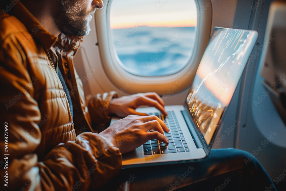 Naklejka premium Passenger working on laptop on plane, person on journey utilizing transportation, professional engaged in corporate work.