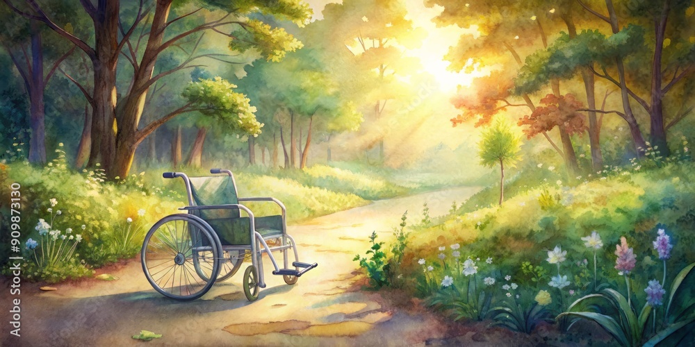 Obraz premium Golden light bathes an empty wheelchair on a serene park trail, surrounded by lush greenery and vibrant flowers, evoking warmth and companionship.