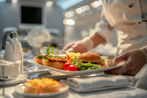 First class food in a plane, luxury dish and drink, elegant table in an aircraft. photo