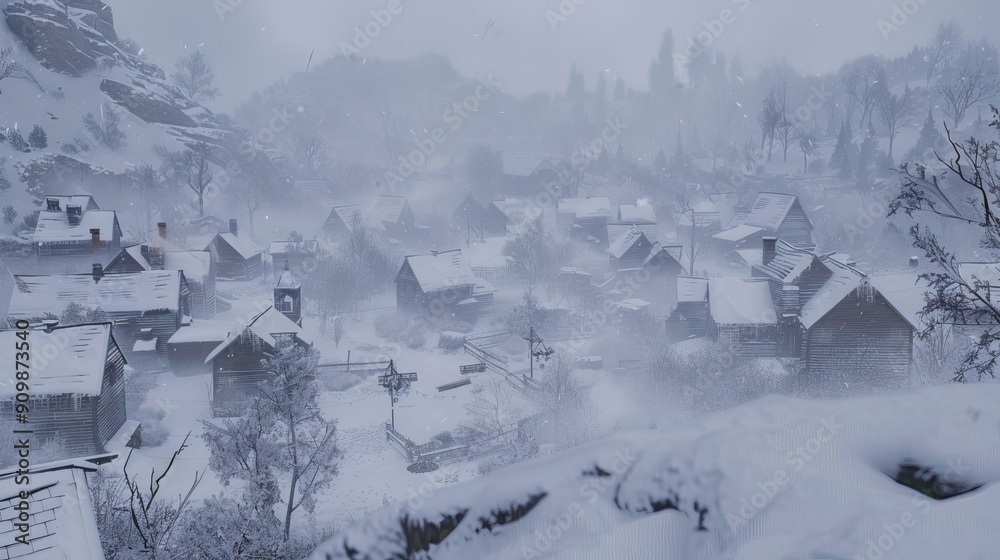 Houses into the early morning fog with sunrise on a cold snowy winter. AI generated illustration Houses into the early morning fog with sunrise on a cold snowy winter. AI generated illustration