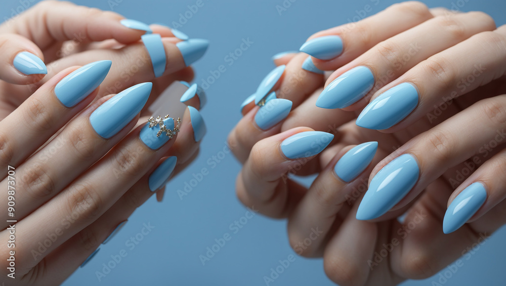 hands with long, pointed, light blue nails. Some nails have a broken tip. The nails have a high gloss finish. hands with long, pointed, light blue nails. Some nails have a broken tip. The nails have a high gloss finish.