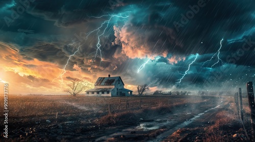 Evening stormcloud over the flat wide open dutch countryside with lightning strikes on the horizon. AI generated illustration