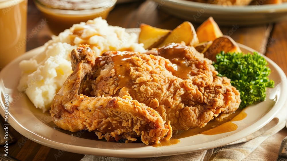 A plate features crispy southern fried chicken accompanied by creamy mashed potatoes, seasoned greens, and golden-brown potato wedges A plate features crispy southern fried chicken accompanied by creamy mashed potatoes, seasoned greens, and golden-brown potato wedges