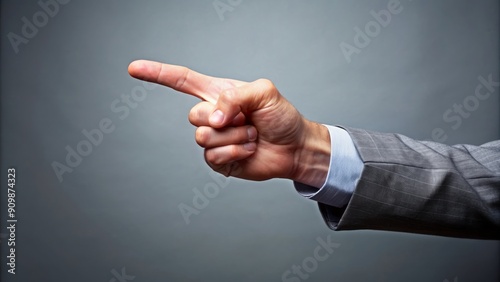 A hand with a pointing finger on a gray background, symbolizing choice, decision, and accountability, with a subtle gesture of signing or ordering something. photo