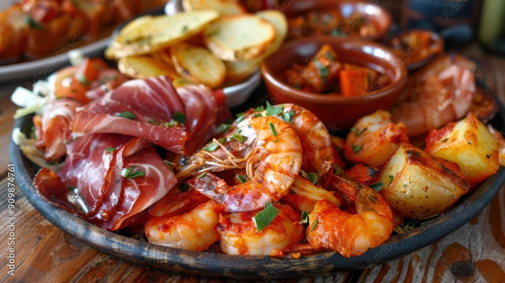 A delightful spread of Spanish tapas includes shrimp, cured ham, and roasted potatoes, served in a warm restaurant setting A delightful spread of Spanish tapas includes shrimp, cured ham, and roasted potatoes, served in a warm restaurant setting