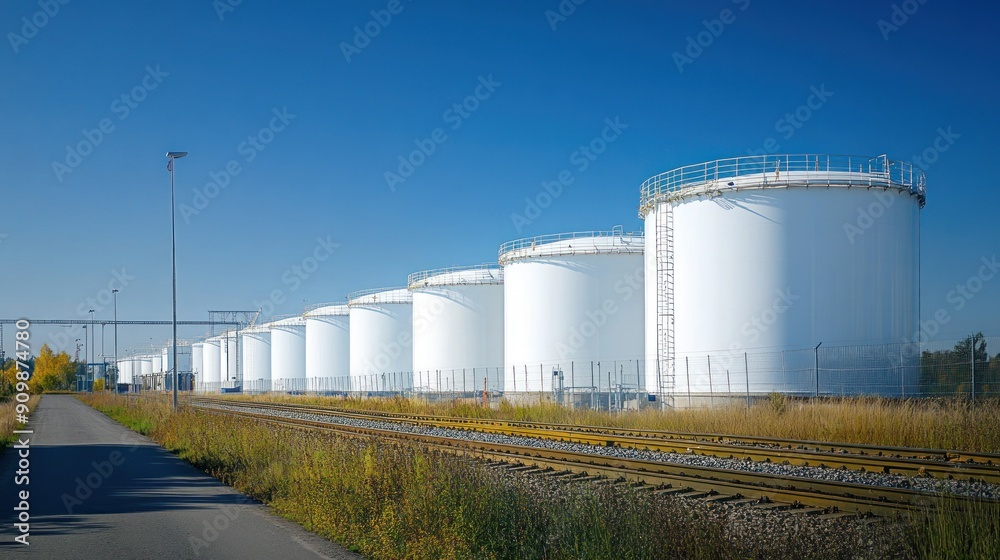 White Cylindrical Storage Tanks Along Railroad Tracks