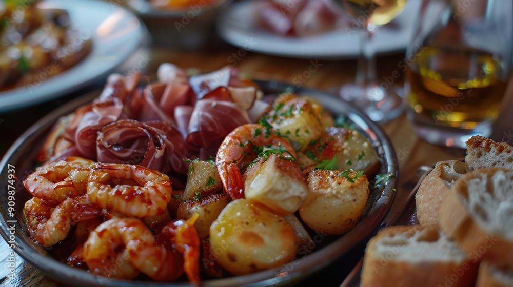 An inviting selection of Spanish tapas is served, showcasing shrimp, chorizo, and potatoes in a warm, cozy dining environment An inviting selection of Spanish tapas is served, showcasing shrimp, chorizo, and potatoes in a warm, cozy dining environment