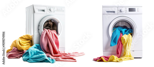 washing machine and clothes isolated on transparent png, generative ai
