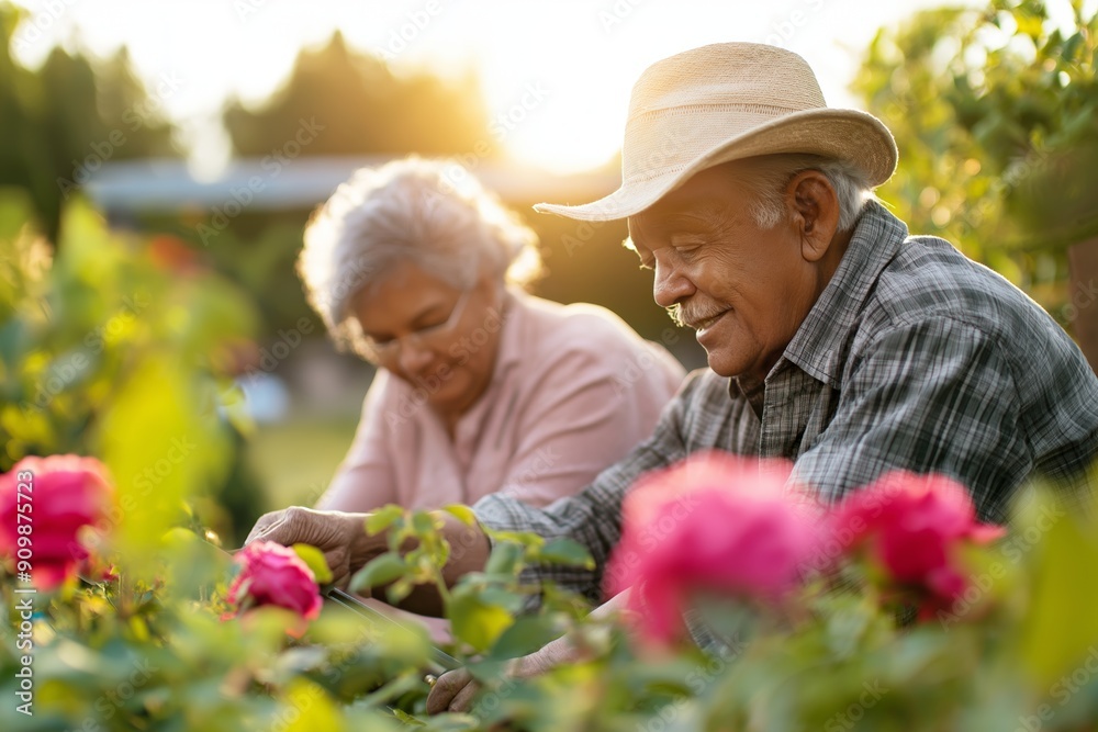Elderly couple gardening together in rose garden, sunlit day, senior horticultural enjoyment, concept Elderly couple gardening together in rose garden, sunlit day, senior horticultural enjoyment, concept