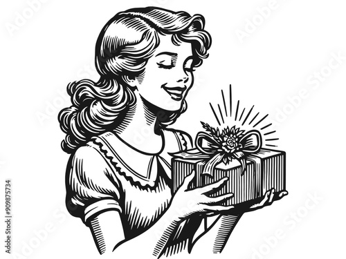 Happy young woman received a Christmas present. Hand drawn. Vintage style. Generative ai vector.
