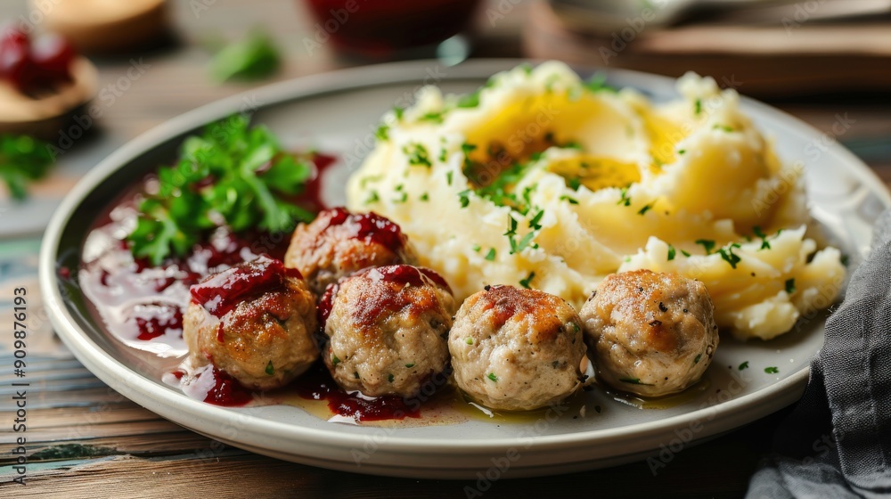 A plate showcases flavorful Swedish meatballs accompanied by creamy mashed potatoes, rich gravy, and vibrant lingonberry sauce, ready for a delightful meal