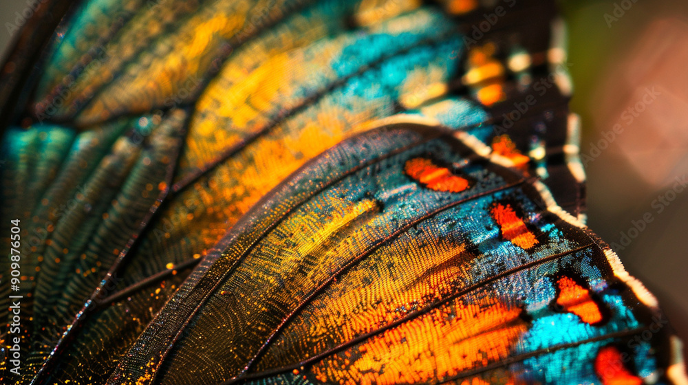 Close-up of a delicate butterfly wing with intricate patterns and vibrant colors